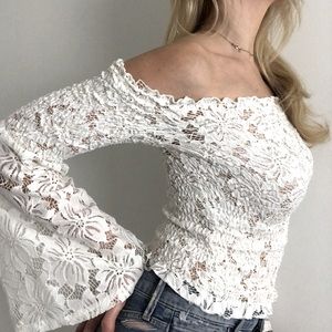 Guess White Lace Top with Long Bell Lace Sleeves